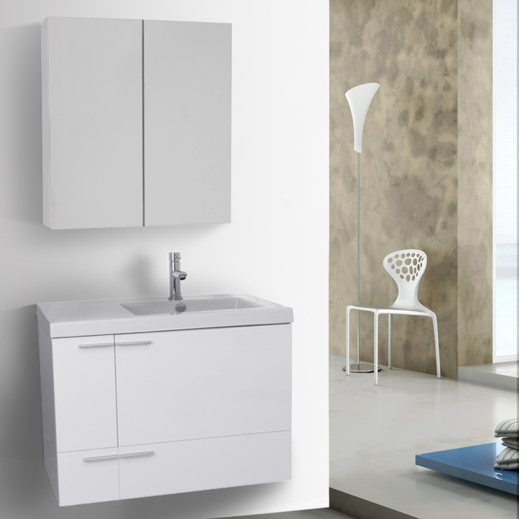 ACF ANS1251 Modern Wall Mounted Bathroom Vanity, 31 Inch, Glossy White, With Medicine Cabinet